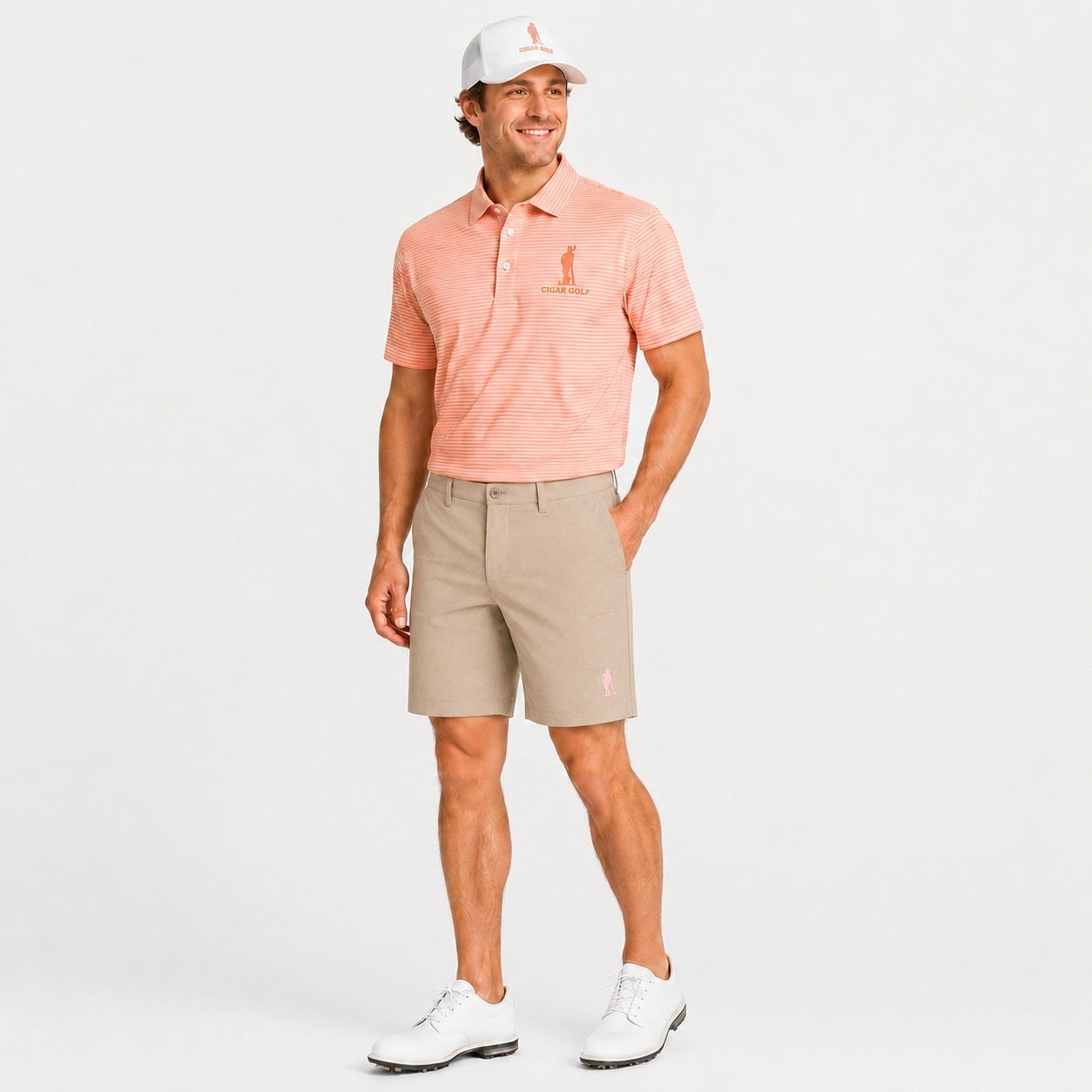 Pennant Stripe Polo in coral with tan short