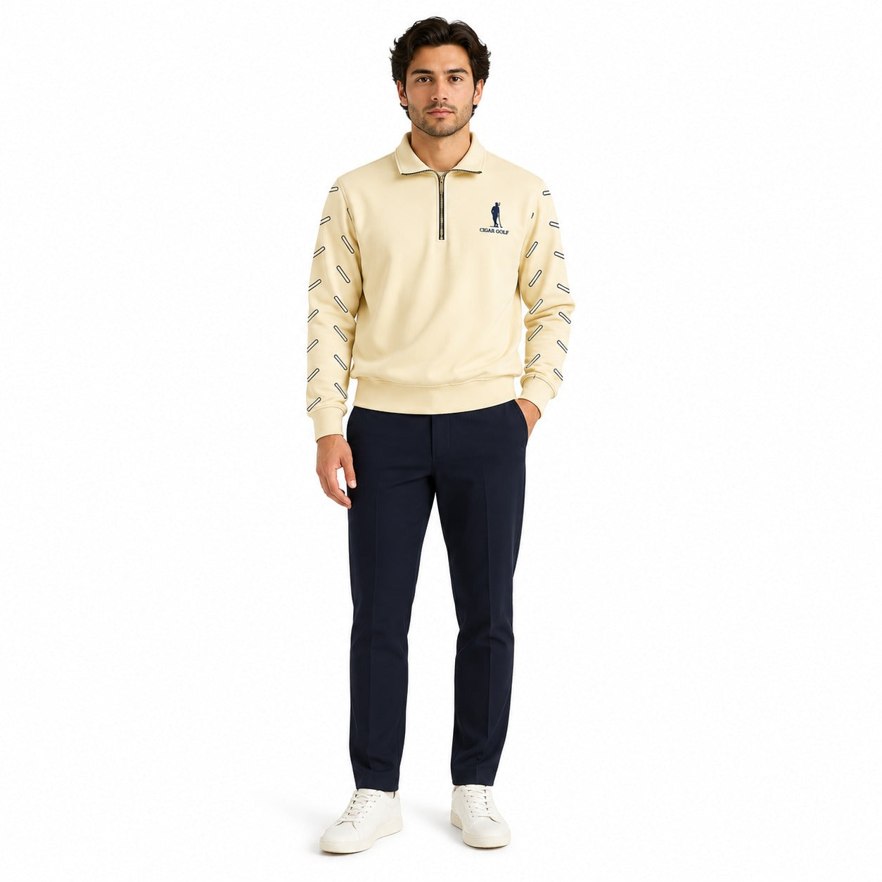 The Clubhouse Quarter-Zip in stone with navy trousers