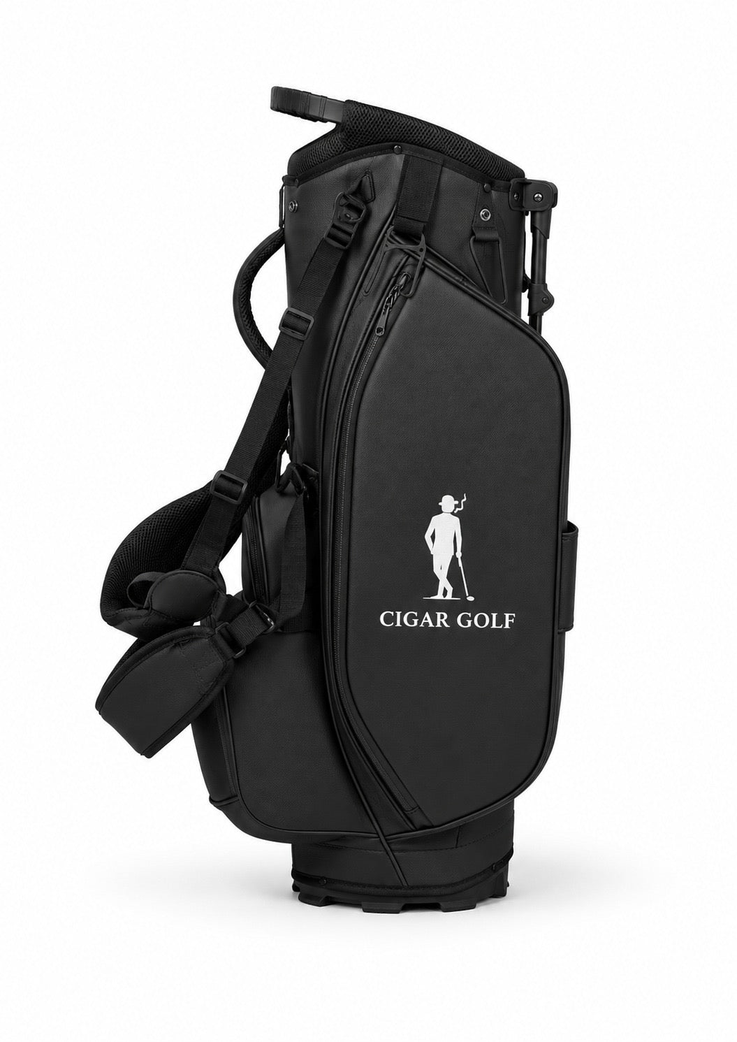 All Black golf bag with White logo - side