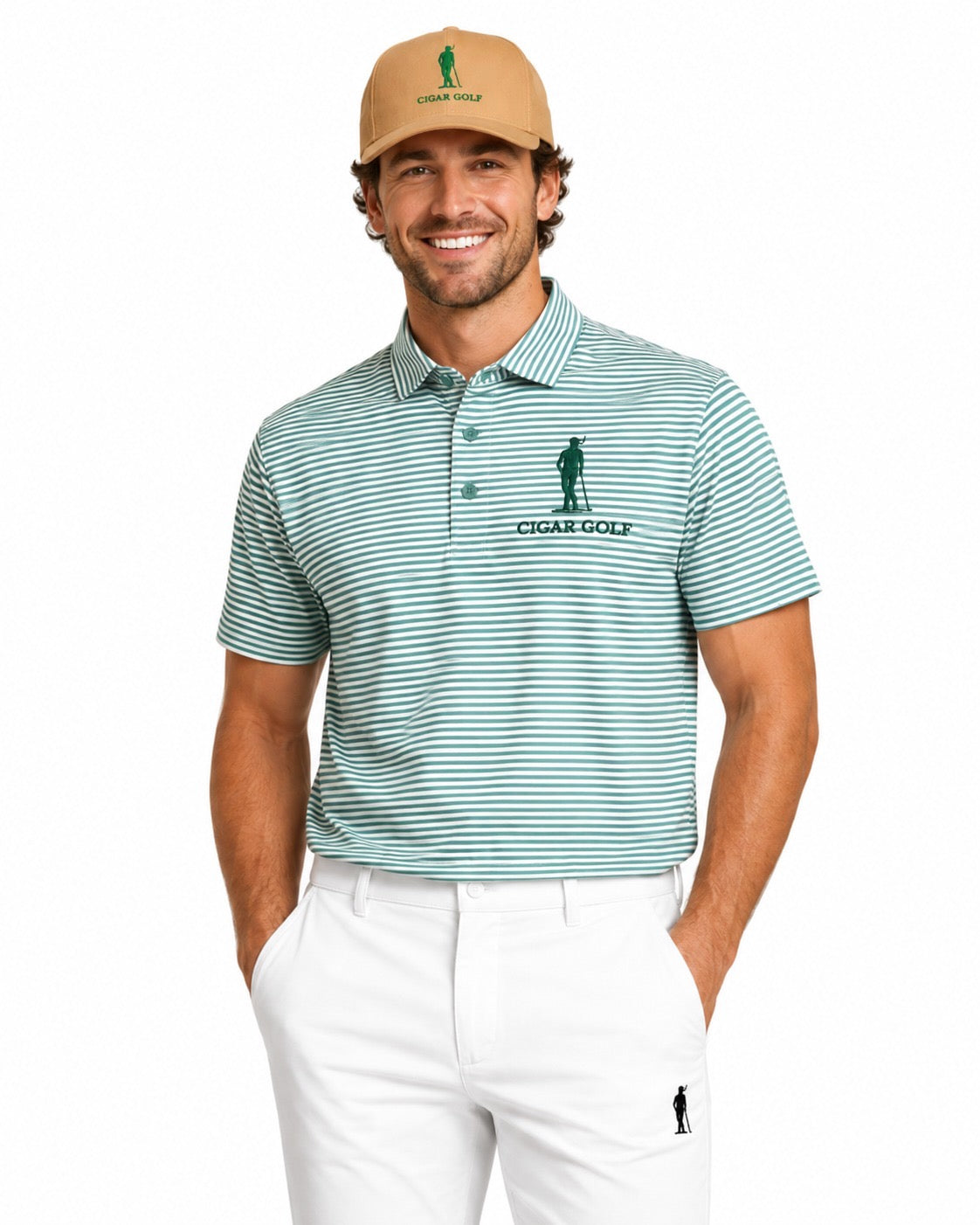 Cigar Golf fairway stripe polo green model front