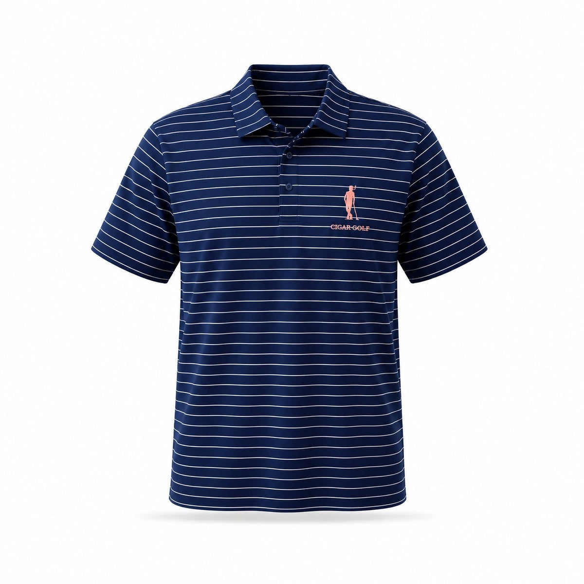 The Honor Polo, navy pinstripe, pink logo, front