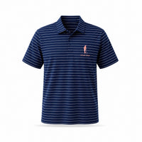 The Honor Polo, navy pinstripe, pink logo, front
