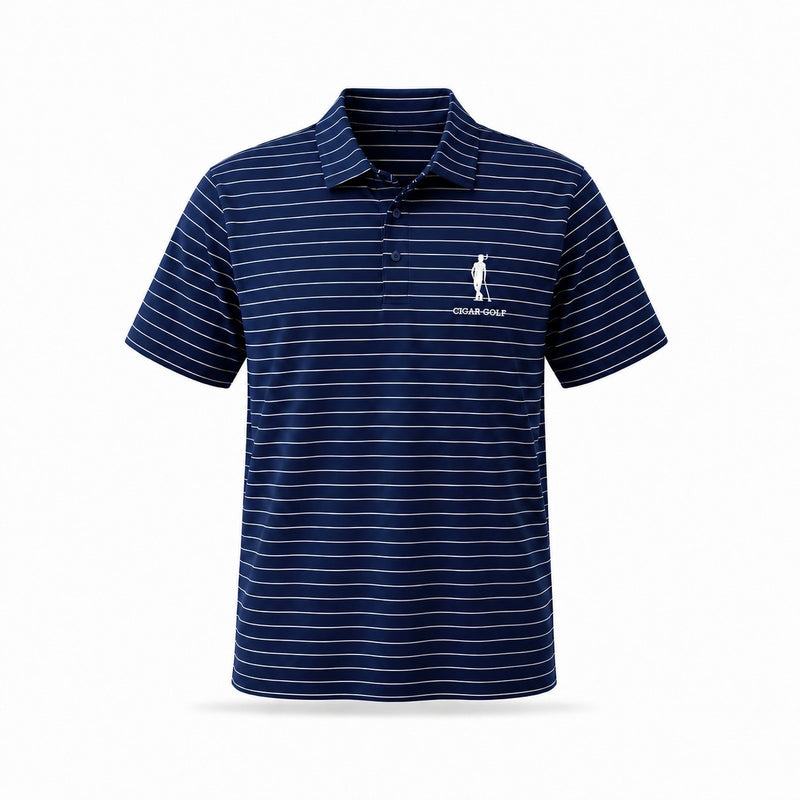 The Honor Polo, navy pinstripe, white logo, front
