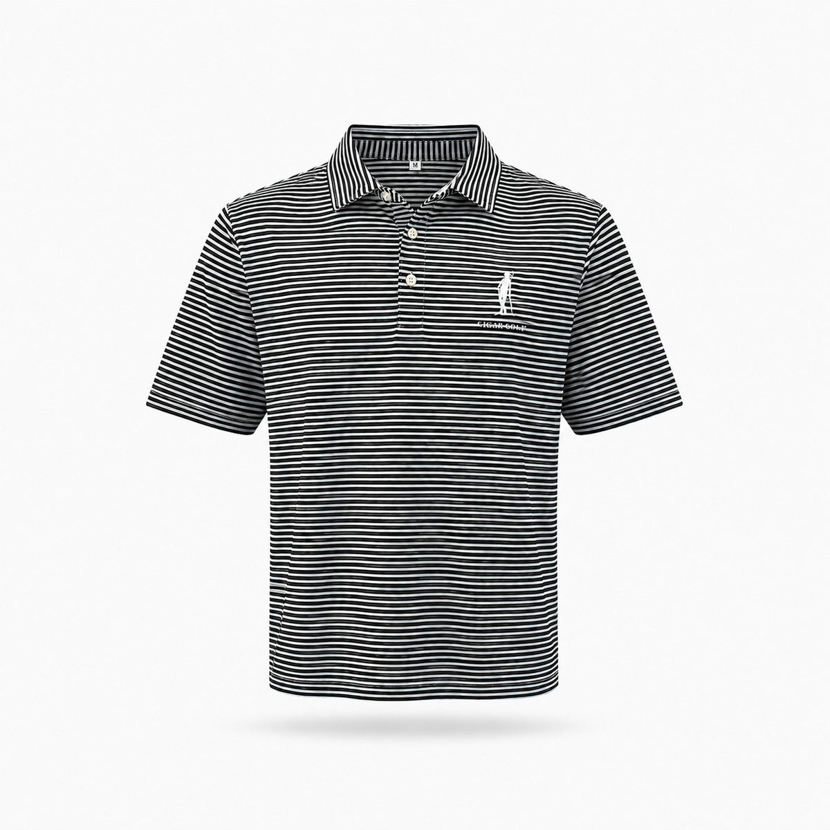 The Cinder Polo, black white stripe, white logo, front