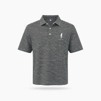 The Cinder Polo, black white stripe, white logo, front