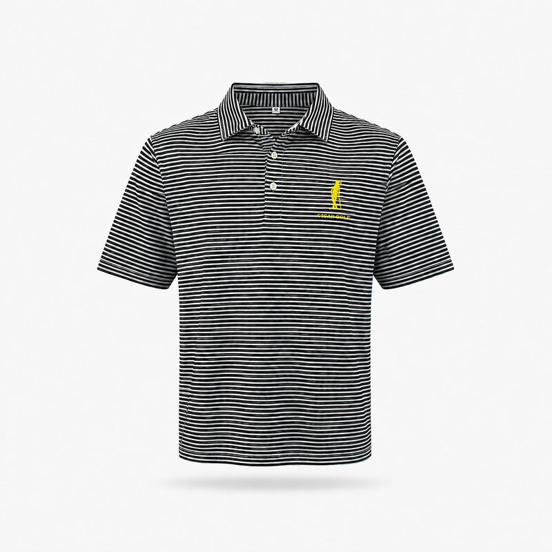 The Cinder Polo, black white stripe, yellow logo, front