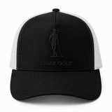 Black trucker hat with Black logo and White perforation - front