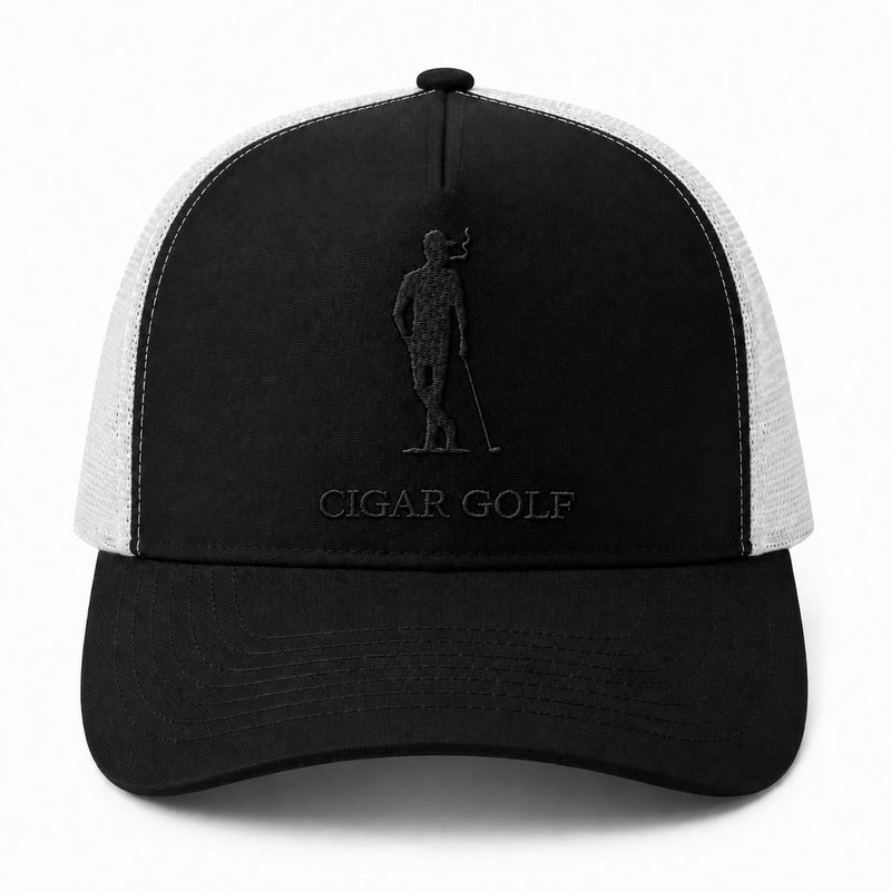 Black trucker hat with Black logo and White perforation - front