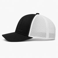Black trucker hat with Black logo and White perforation - side
