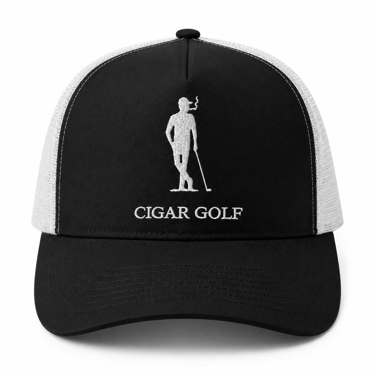 Black trucker hat with White logo and White perforation - front