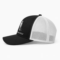 Black trucker hat with White logo and White perforation - side