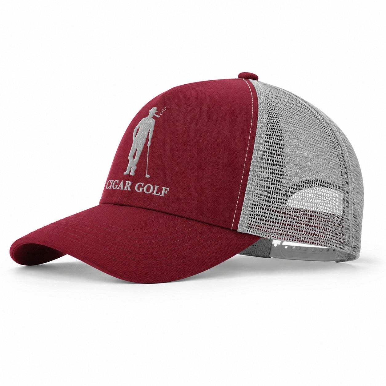 Burgundy trucker hat with Grey logo and Grey perforation - diagonal
