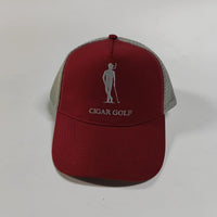 Burgundy trucker hat with Grey logo and Grey perforation - front actual