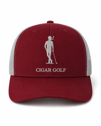 Burgundy trucker hat with Grey logo and Grey perforation - front
