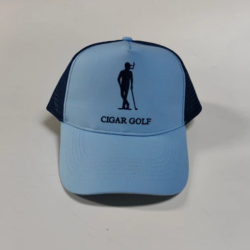 Light Blue trucker hat with Black logo and Black perforation - front actual