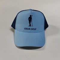 Light Blue trucker hat with Black logo and Black perforation - front actual