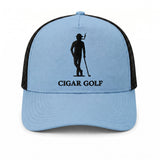 Light Blue trucker hat with Black logo and Black perforation - front