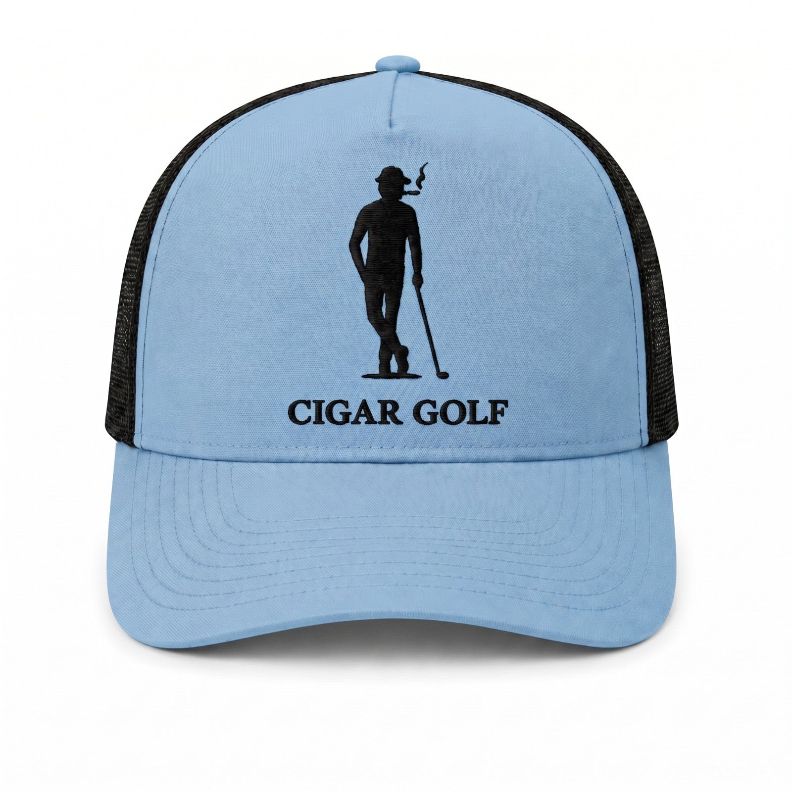 Light Blue trucker hat with Black logo and Black perforation - front