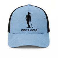 Light Blue trucker hat with Black logo and Black perforation - front