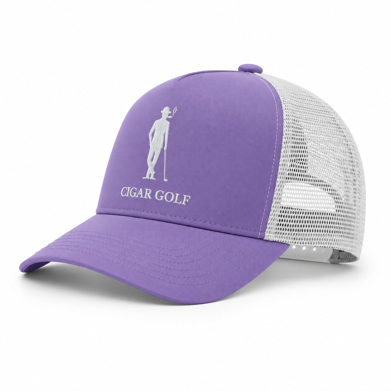 Purple trucker hat with White logo and White perforation - diagonal