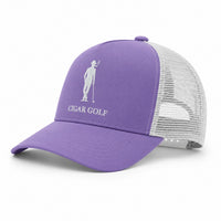 Purple trucker hat with White logo and White perforation - diagonal