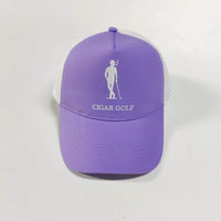 Purple trucker hat with White logo and White perforation - front actual