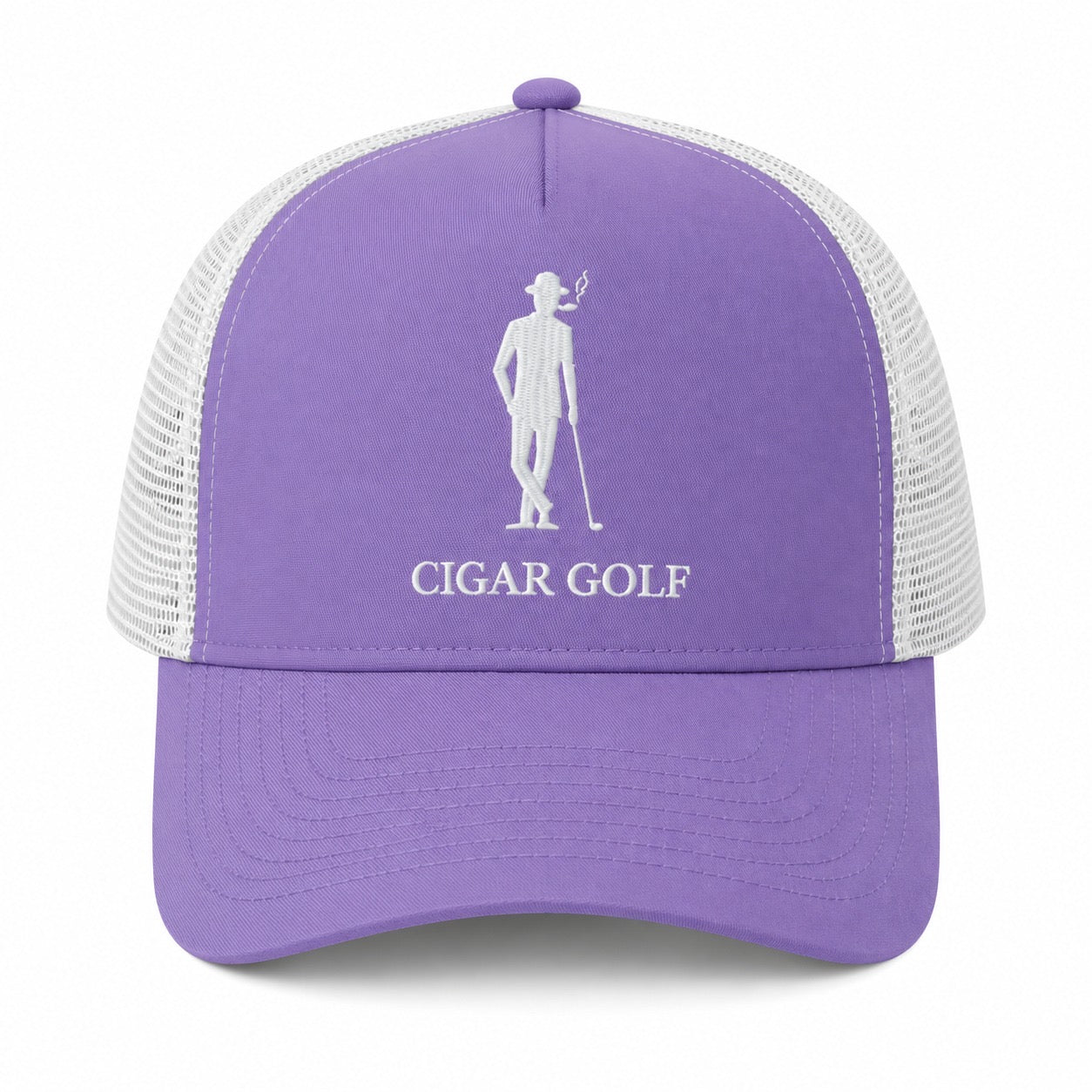 Purple trucker hat with White logo and White perforation - front