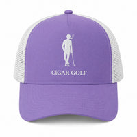 Purple trucker hat with White logo and White perforation - front