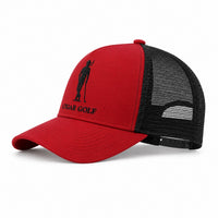 Red trucker hat with Black logo and Black perforation - diagonal
