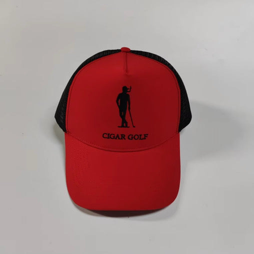 Red trucker hat with Black logo and Black perforation - front actual