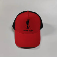 Red trucker hat with Black logo and Black perforation - front actual