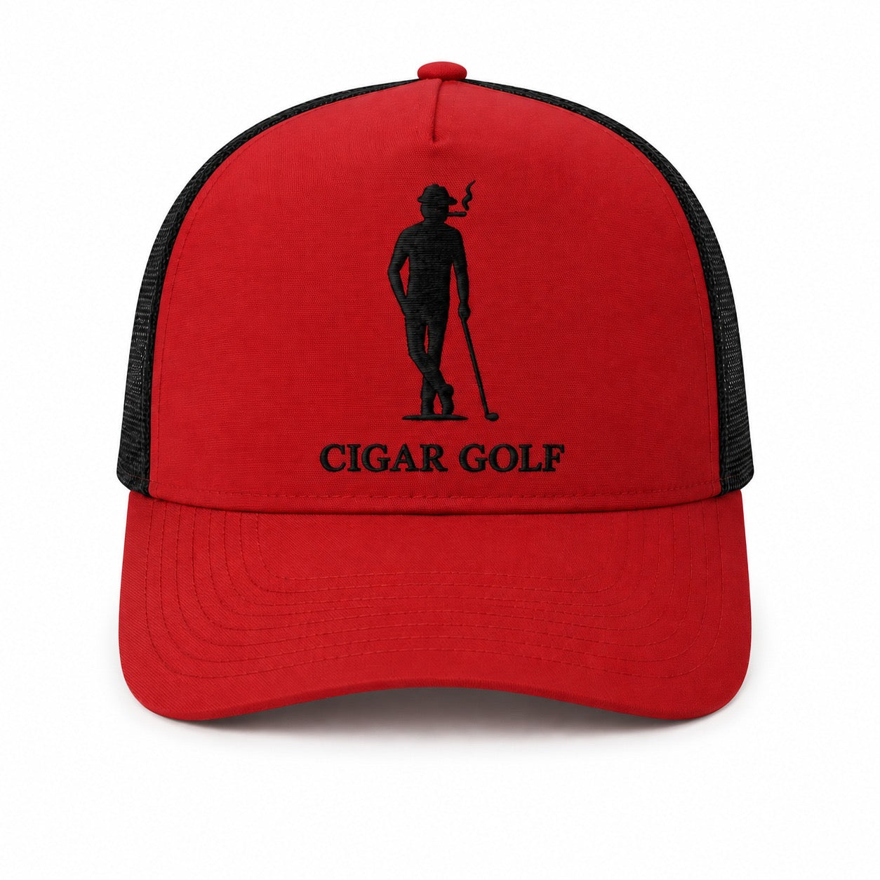 Red trucker hat with Black logo and Black perforation - front