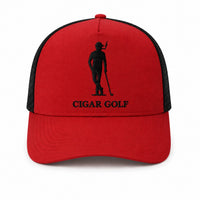 Red trucker hat with Black logo and Black perforation - front