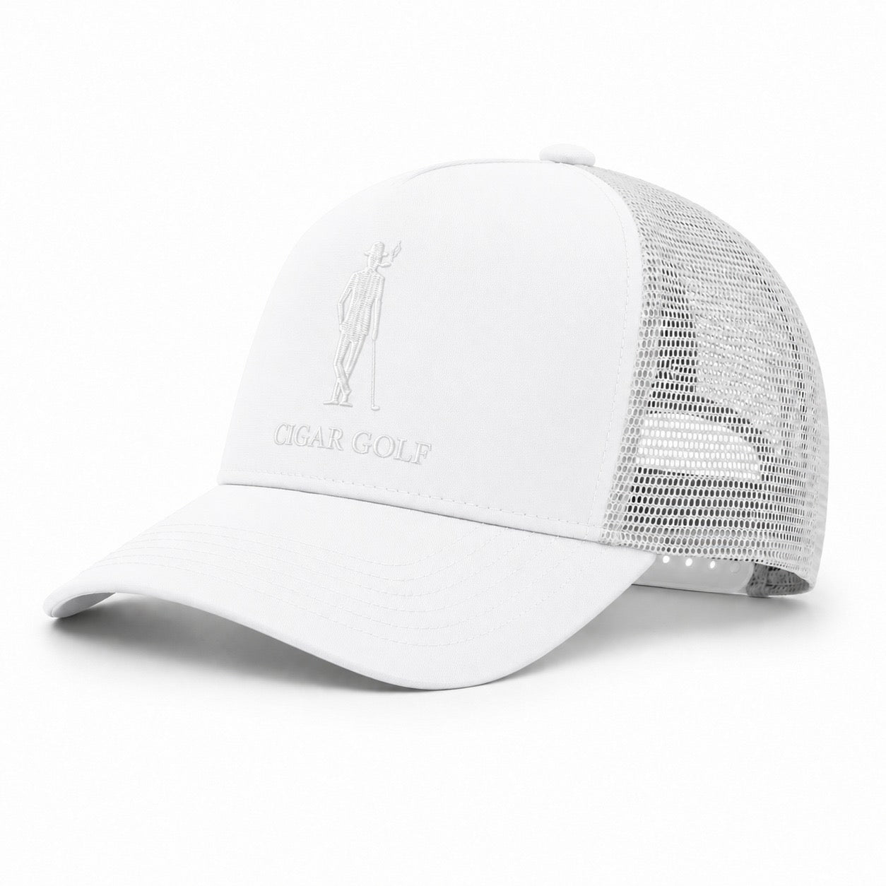 White trucker hat with White logo and White perforation - diagonal