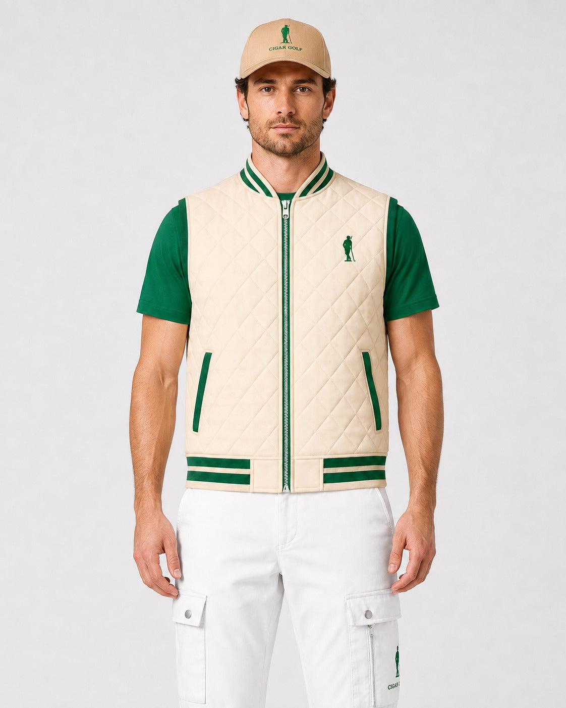 Cigar Golf letterman vest green trim model front open