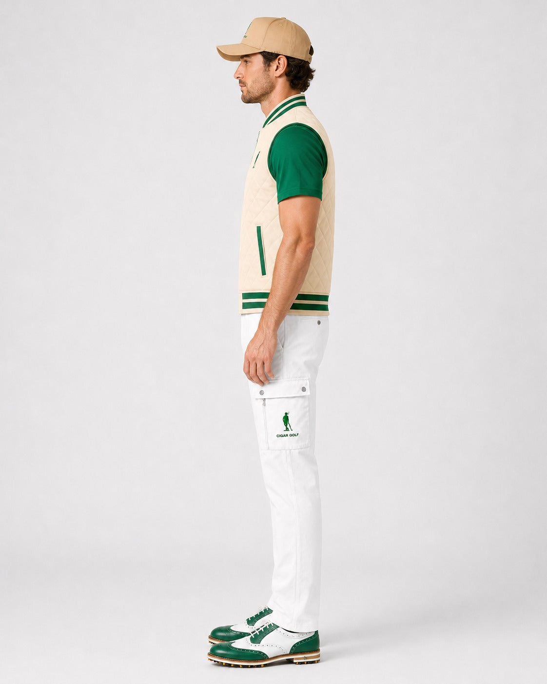 Cigar Golf letterman vest green trim model side