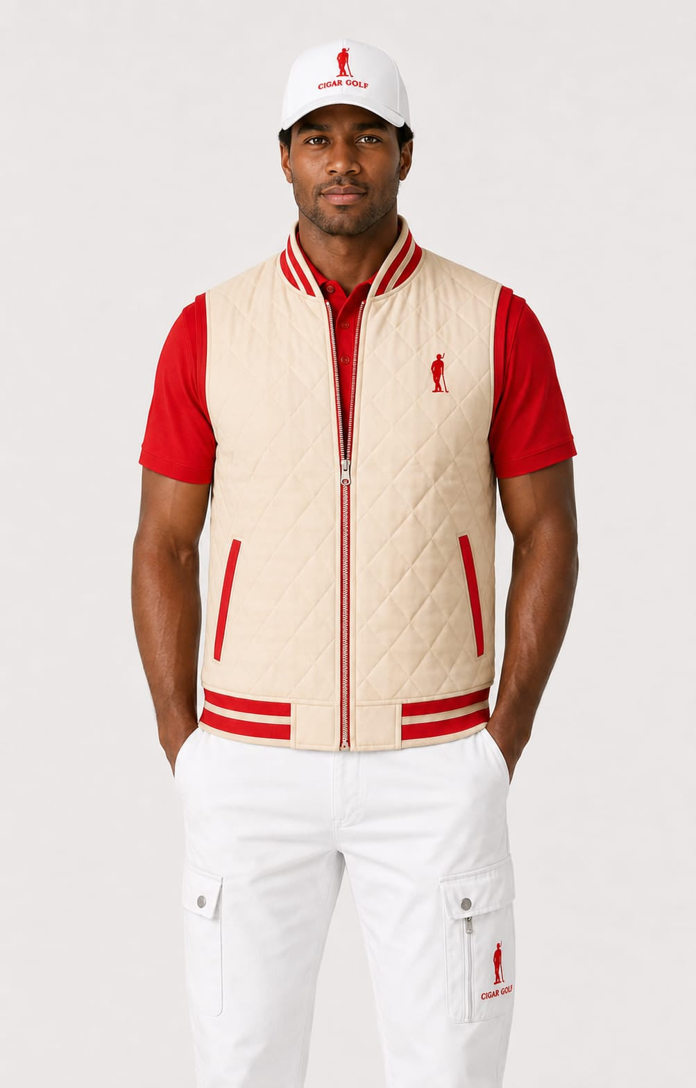 Cigar Golf letterman vest red trim model front