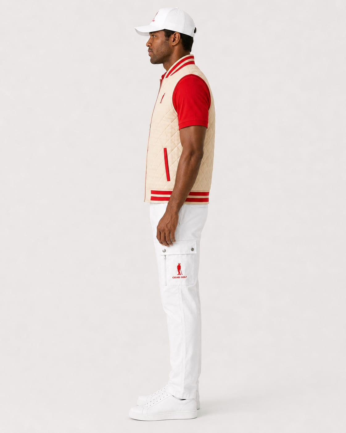 Cigar Golf letterman vest red trim model side