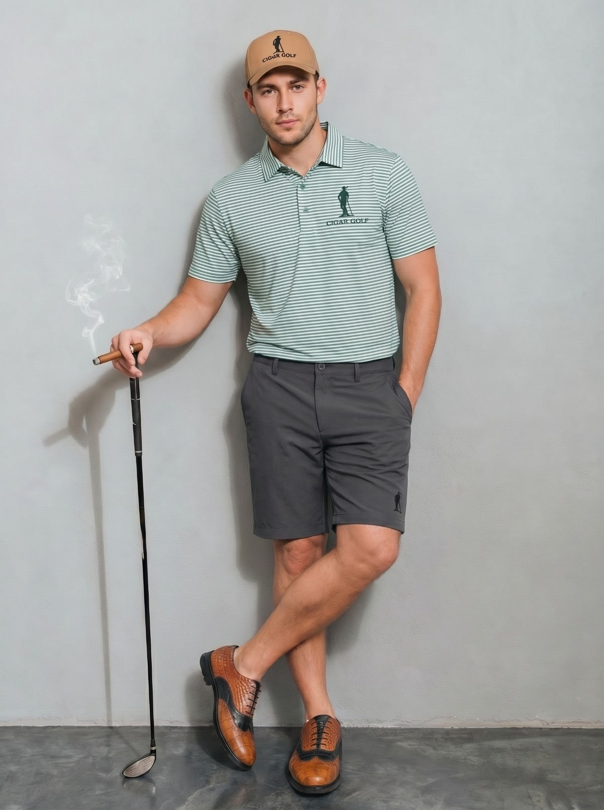 Mint Stripe with Green Logo — lifestyle, studio with cigar