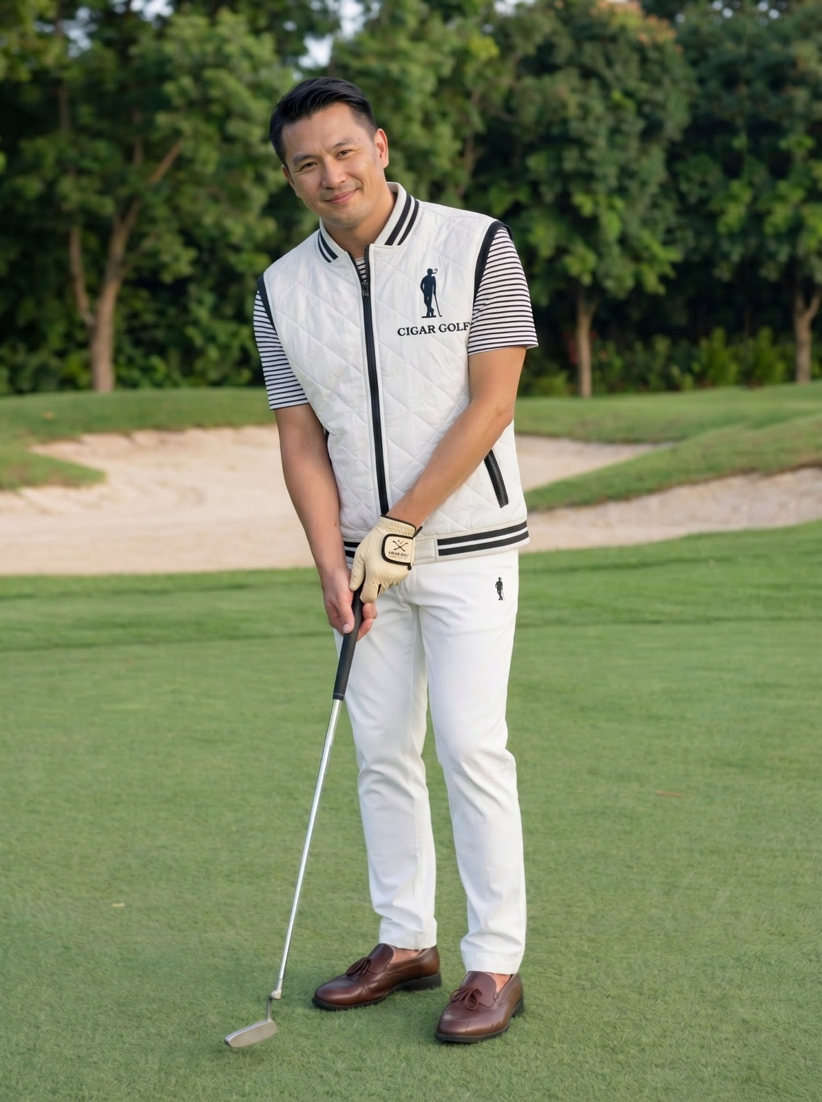 White quilted vest lifestyle on course