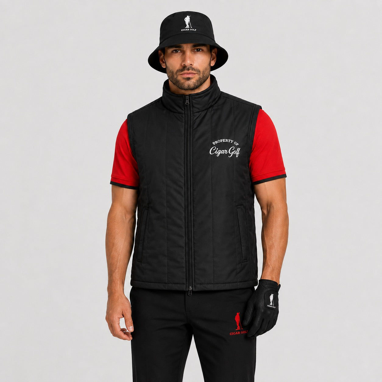 Cigar Golf property vest black model front with bucket hat and gloves