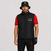 Cigar Golf property vest black model front with bucket hat and gloves