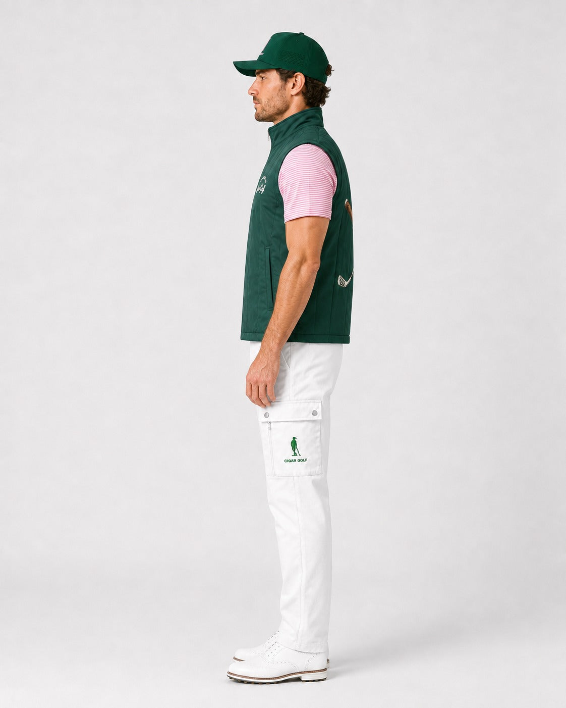 Cigar Golf property vest green model side