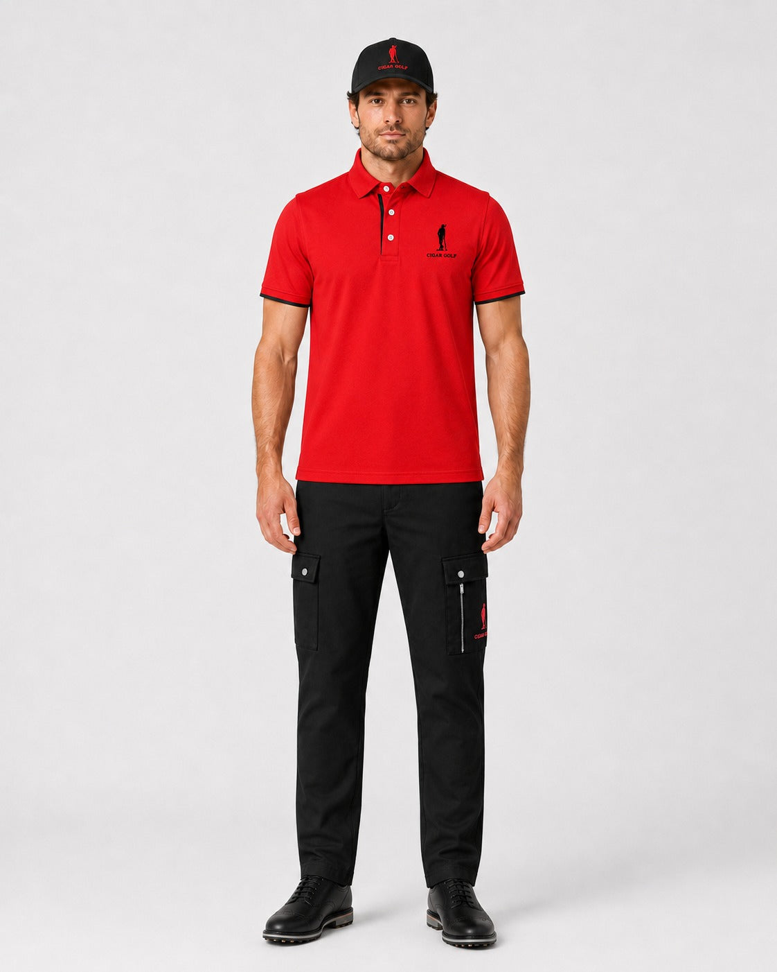 Cigar Golf red polo black cargo look front
