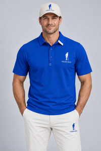 The Royal Approach Polo in royal blue, white golfer chest logo and white collar accent close-up
