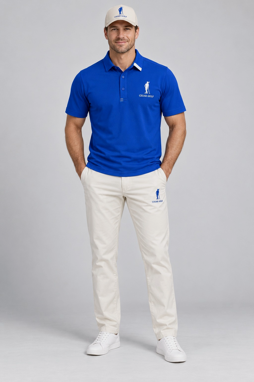 The Royal Approach Polo in royal blue with white golfer logo, full front view