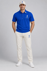 The Royal Approach Polo in royal blue with white golfer logo, full front view