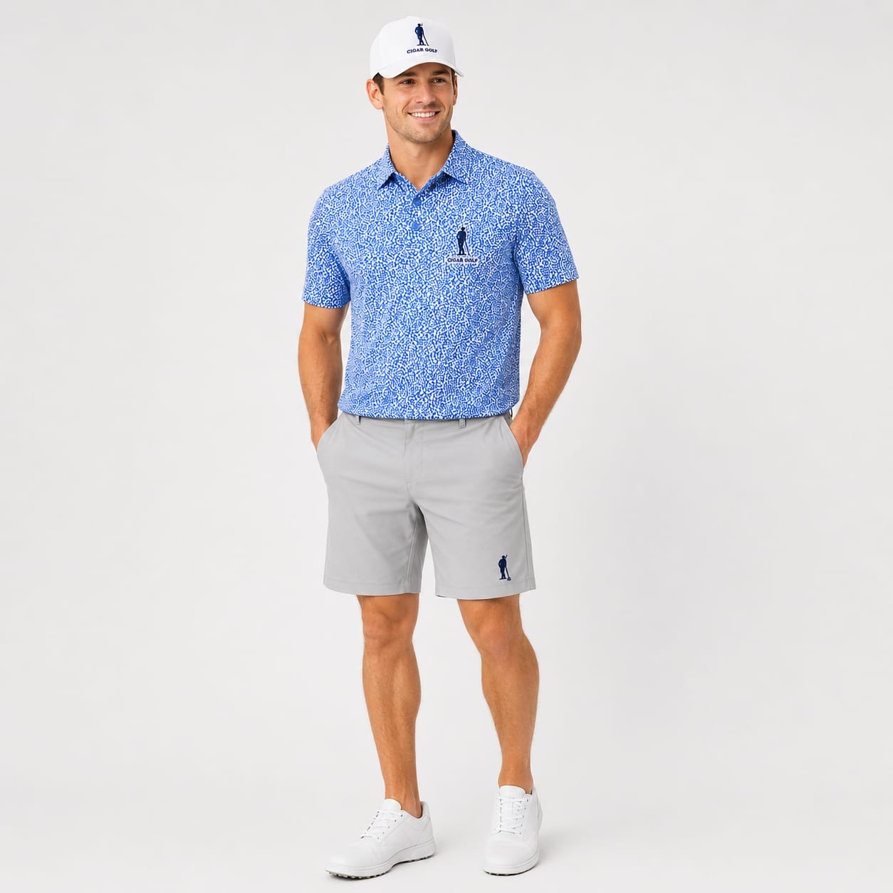 Cypress Print Polo in blue with grey short