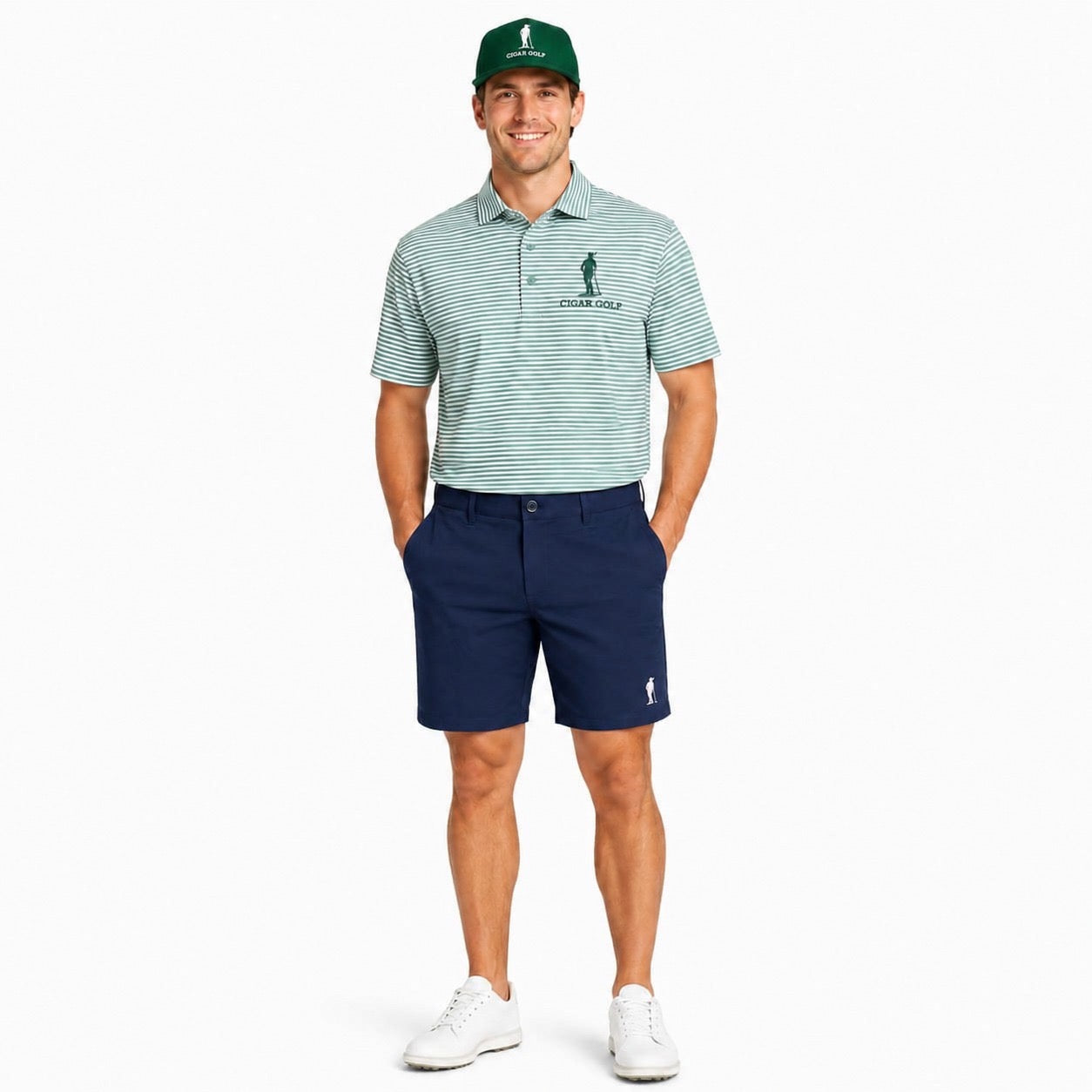 Pennant Stripe Polo in green with navy short