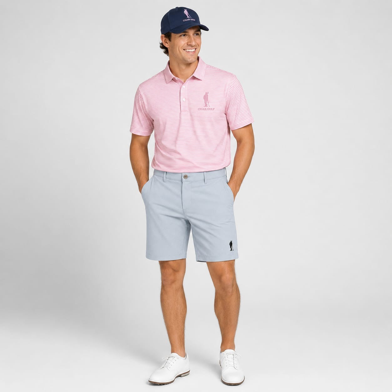 Pennant Stripe Polo in pink with sky short